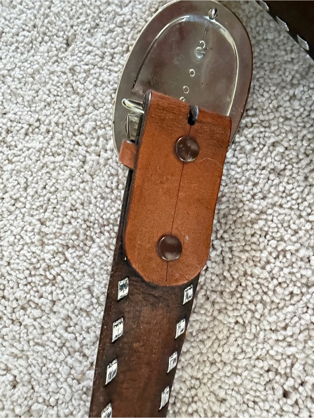 Men's Brown Leather Western Belt with Silver Trim & Decorative Blue Stone Buckle